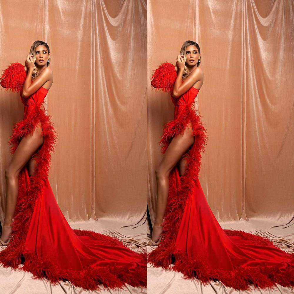 Red Beautiful Sexy Evening Dress With Fur Sleeveless Prom Dress Sweep Train Custom Made Formal Party Gowns
