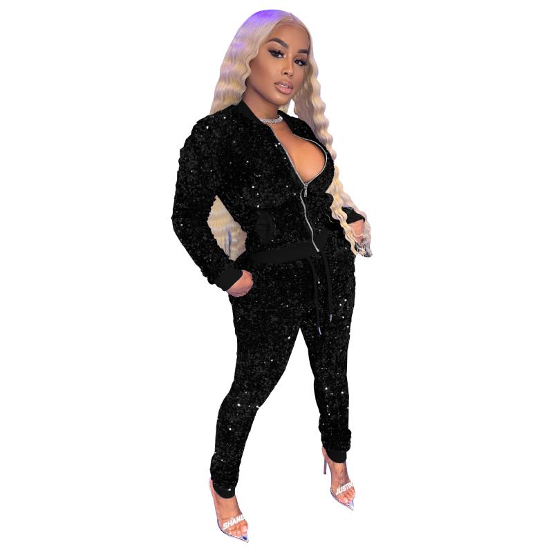 Women's Two Piece Pants Glitter Sequin Patchwork Set Fall Winter Clothes 2021 Zipper Front Long Sleeve Jackets And Drawstring Sweatpant