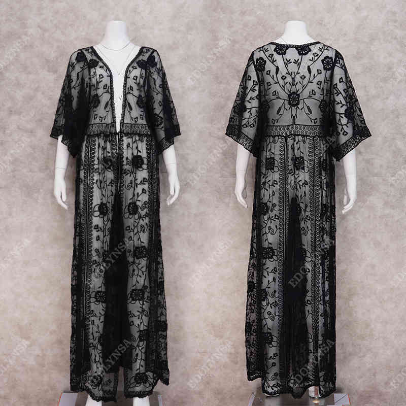 Tunics for beach Long Lace Beach Dress Women Swim Cover up Plus size Saida de Praia Robe Plage Kaftan #Q893 210420
