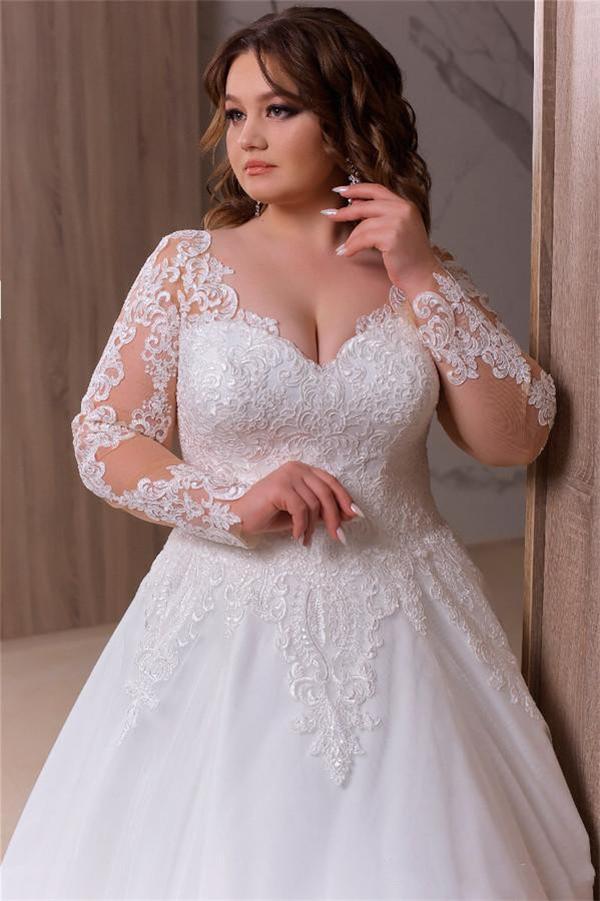 Plus Size V-Neck special Dress 2024 - Long Sleeve Lace A-e Bridal Gown with Sweep Train