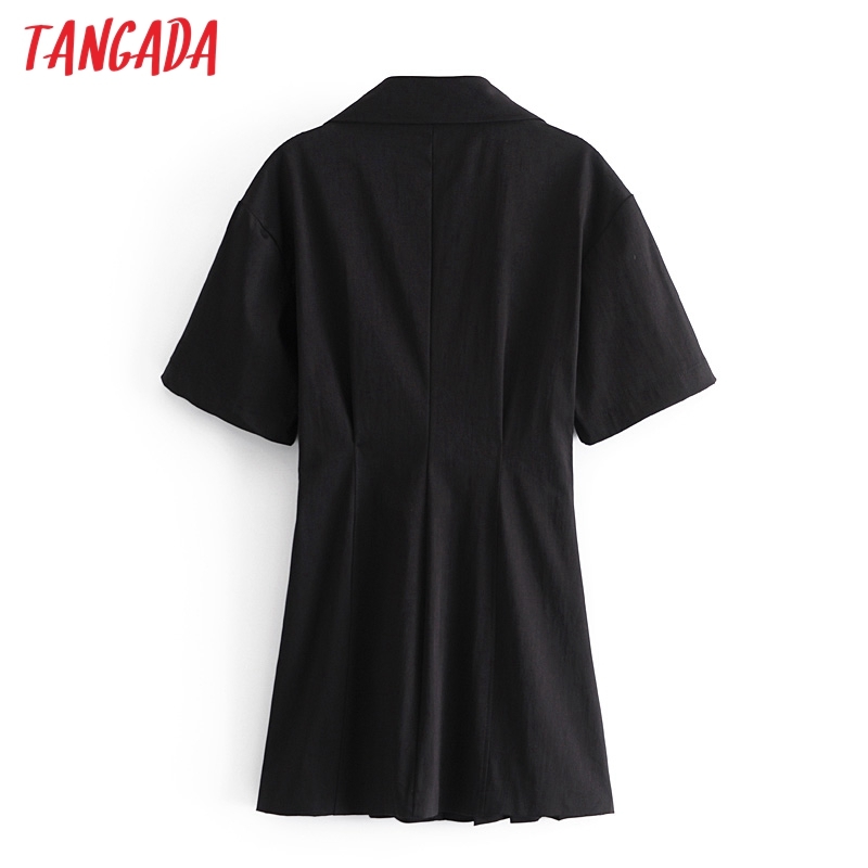 Summer Women Black Blazer Short Sleeve Ladies Pleated Mini Dress Vestidos 3H58 210416