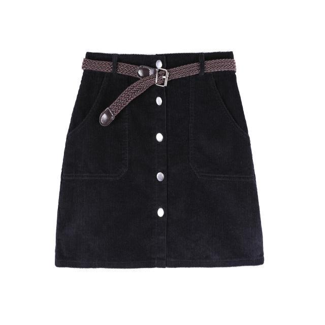 Autumn Office Short Skirt Denim Style Button A-line Corduroy High Waist Pocket Mini With Belt Bottoms 210510