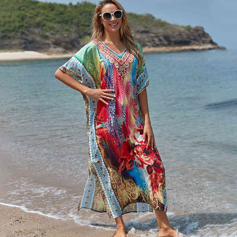 Long Polyester Beach Cover up Bathing suit for Women Pareo Swim Saida De Praia Robe Plage Dress Q1186 210420