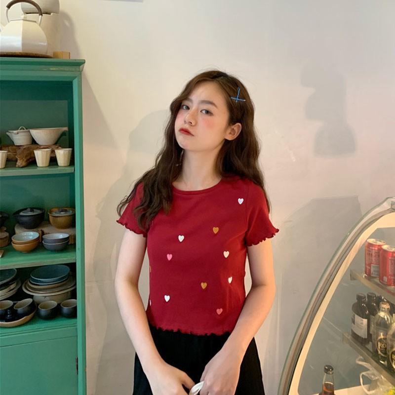 Women's T-Shirt Women Sweet Elegant Love Embroidery Slim Short Sleeved Round Collar Bottom Knit, White
Women's T-Shirt Women Sweet Elegant Love Embroidery Slim Short Sleeved Round Collar Bottom Knit, White