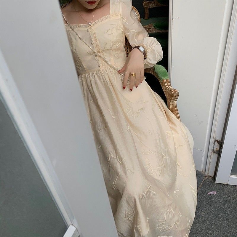 Midi Dress Women French Elegant Vintage Square Collar Long Puff Sleeve Party Chic Retro Dress Korean Autumn Clothing 210521