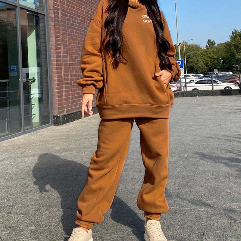 Letter Printed Women's Fleece Tracksuit Hoodies Hooded Oversized Long Sleeve Suit 2 Piece Set Female Sport Pants Lady Set 210709