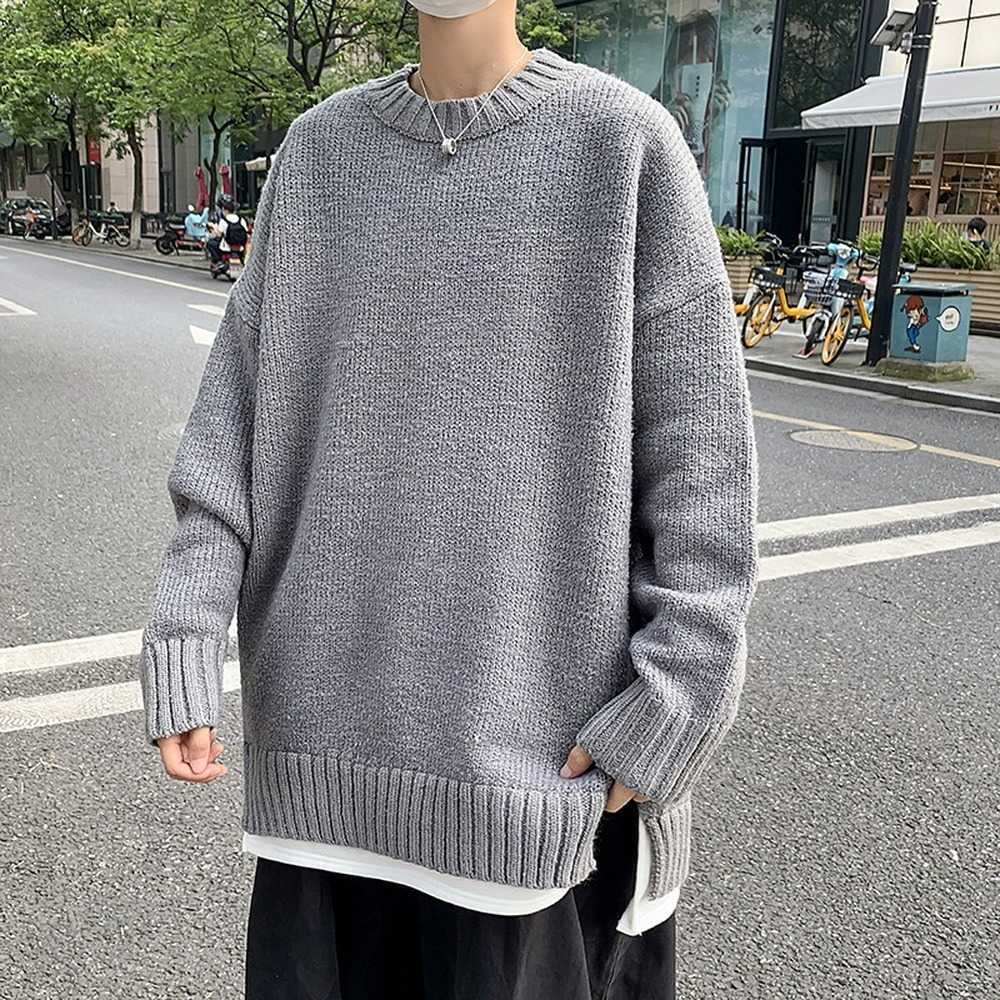 Black Sweater Men Korean Fashion Oversized Sweater Pure Color Loose Fit Knitted Sweater Men Streetwear Trends Clothes Men Y0907