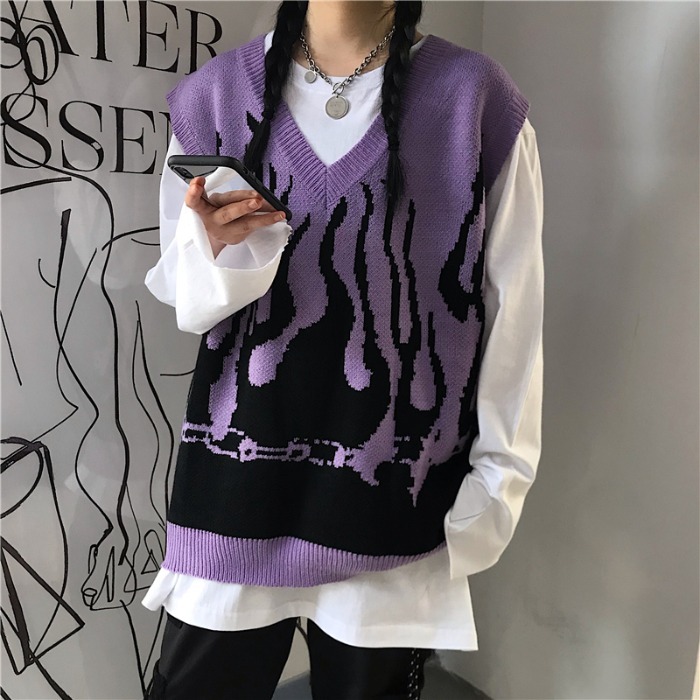 Sleeveless Knitted Sweater Tank Women Vest Vintage Flame Jumper Harajuku Streetwear Casual Woman Man Gilet Korean Fashion 210519