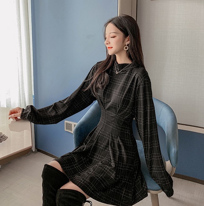 Spring Autumn Women Fashion Long Sleeve Plaid Stand Collar Female Retro High Waist Ruched Mini Dress 210518