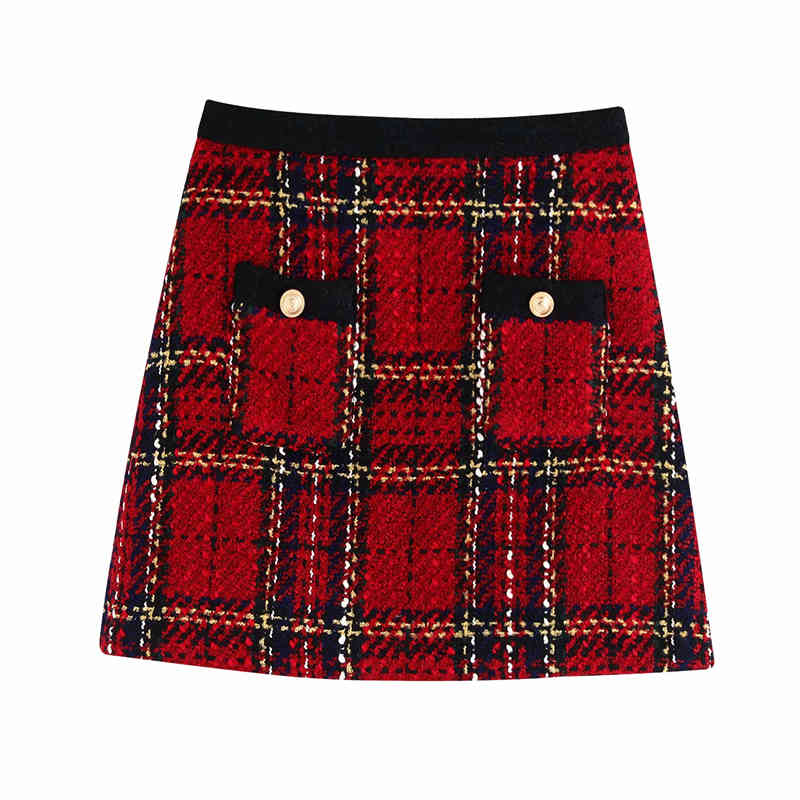 Vintage Women Red Plaid Woolen Skirts Fashion Ladies High Waist Skirt Elegant Female Chic Button Pocket Mini 210430