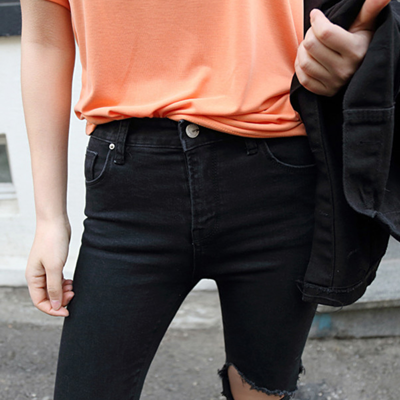 Black Ripped Holes High Waist Spring Summer Stretch Denim Pants Women Skinny Capris Female Pencil Jeans 10399 210417