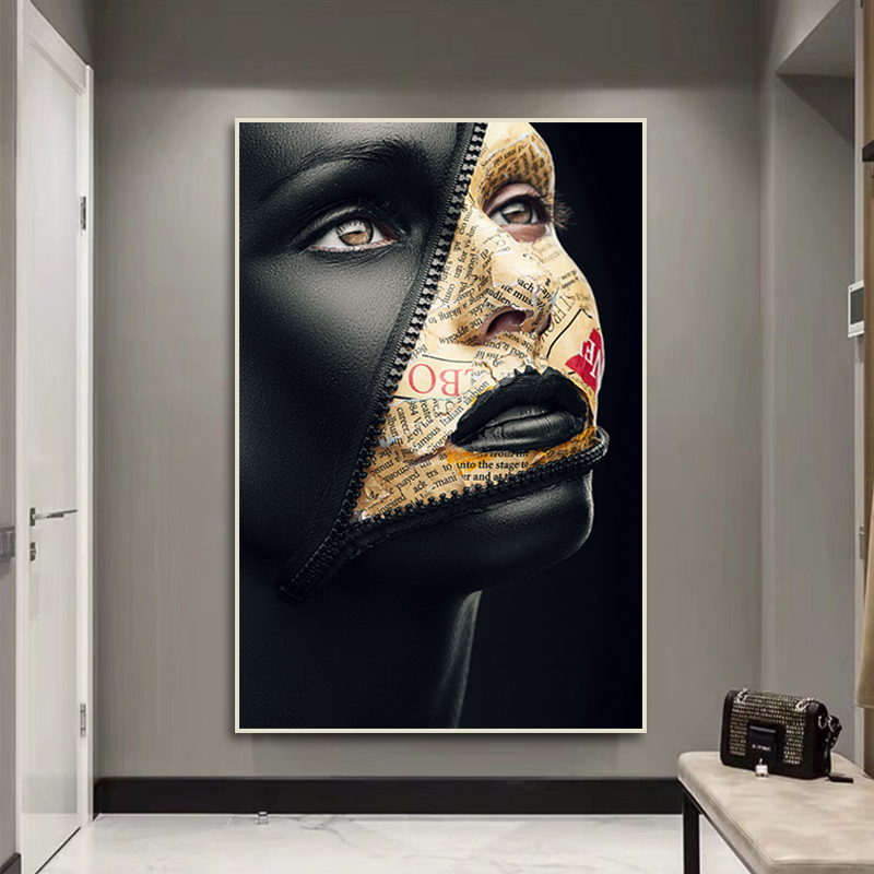 Black Woman Abstract Art Posters and Prints Zipper On Face Surrealistic Canvas Painting Modern Wall Art Pictures for Home Design