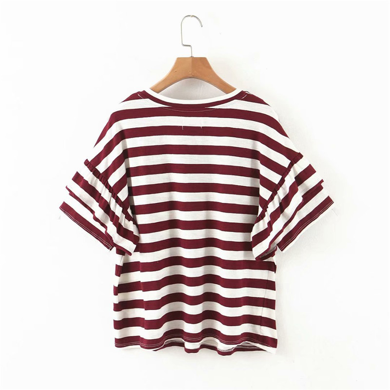 women summer casual classic striped print o-neck tshirts tops fashion cascading ruffles short sleeve loose t-shirts femme 210421
