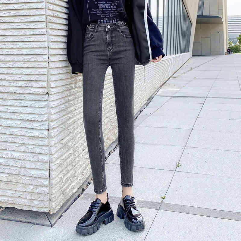 Autumn Allmatch Clothes with Gray Blue High Waist Jeans Skinny Woman Streetwear Denim Trousers Vintage 10732 210518