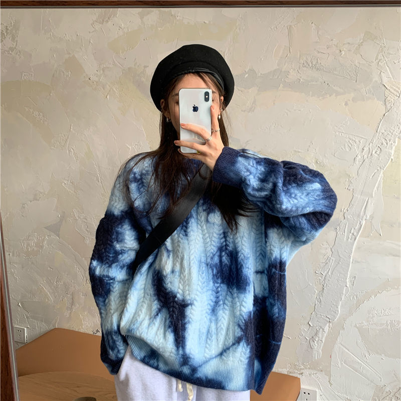 Wonder Vintage Tie Dye Oversize Sweater Warm Thick Purple Pullovers Batwing Sleeve BF Tops Knitted Outwears 210510 - view 5