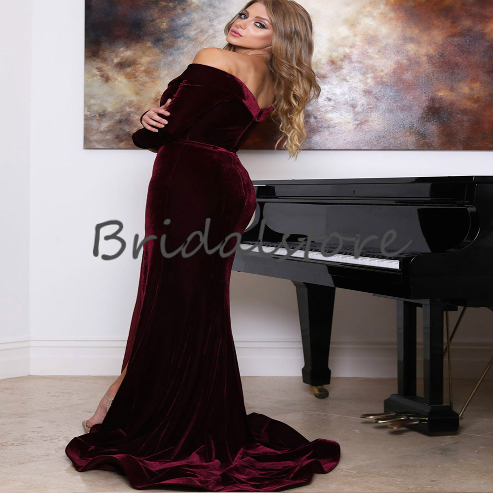 Chic Burgundy Mermaid Prom Dress With Slit Elegant Long Sleeve Velvet Plus Size Evening Dresses Vintage Formal Party Gowns South African robe de soiré
