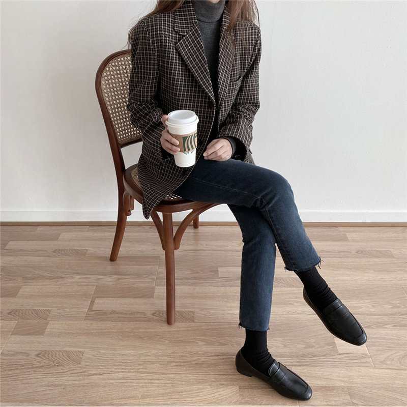 Jacket Plaid Minimalist Women Loose OL Elegant Plus Woolen Vintage Stylish Blazers High Street Coats 210421