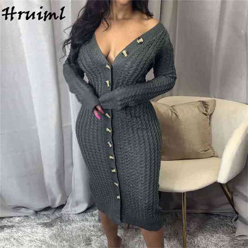 Sweater Dress Women Casual Solid Long Sleeve V Neck Midi Single Button Female Woman Autumn Winter Fashion Femme Robe 210513
