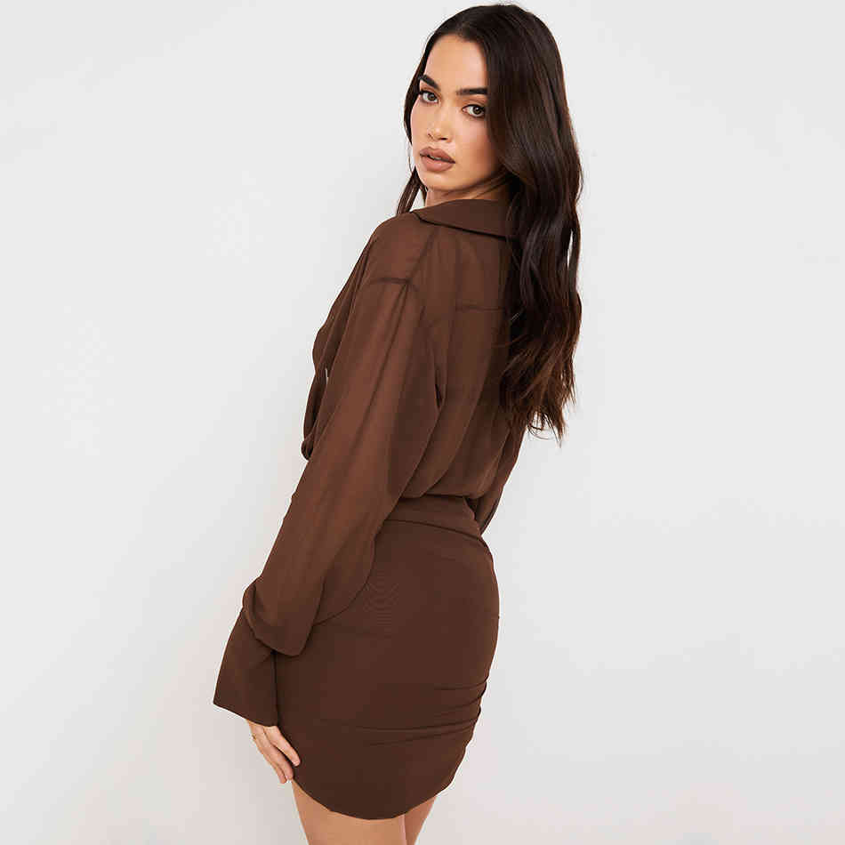 Summer High-Quality Women'S V-Neck Long-Sleeved Chocolate Color Chiffon Shirt Mini Dress Sexy Party 210525