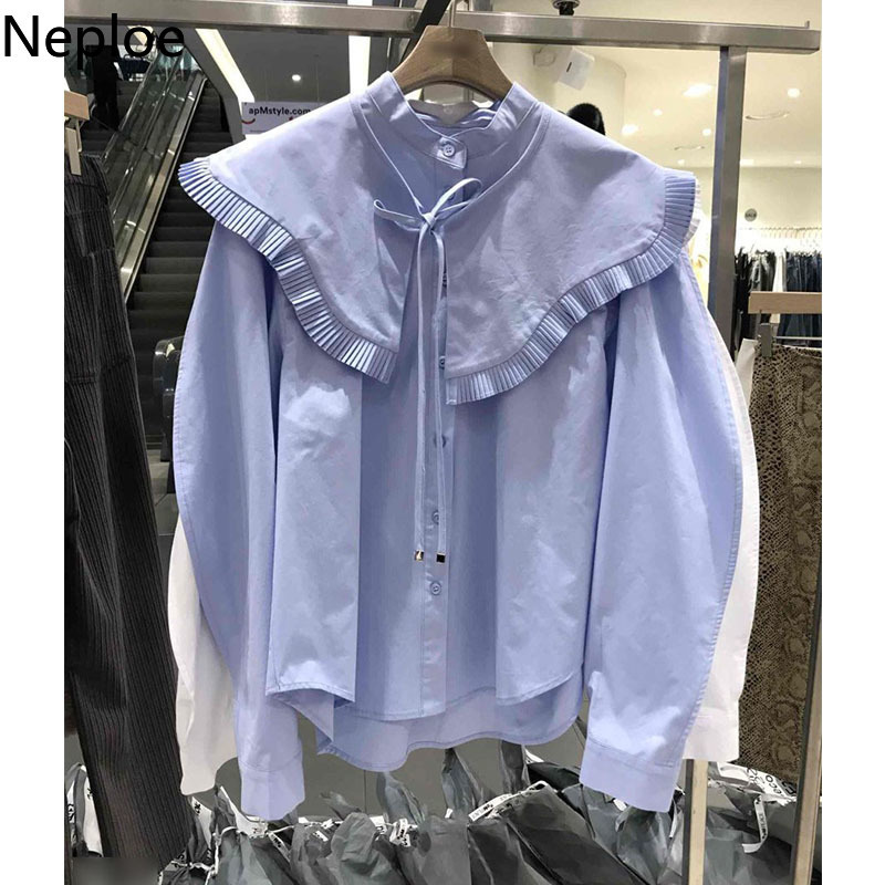 Neploe Chic Women's Blouse Peter Pan Collar Lace Button Shirt Korean Loose Puff Sleeve Ruffles Blusas Solid Single Breasted Tops 210422