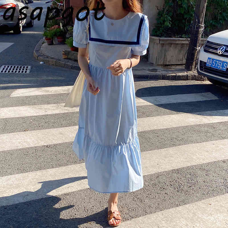 Summer Big Swing White Contrast Color Puff Short Sleeve Ruffles Sailor Collar Dress Women Loose Preppy Style Student Chic Wild 210429