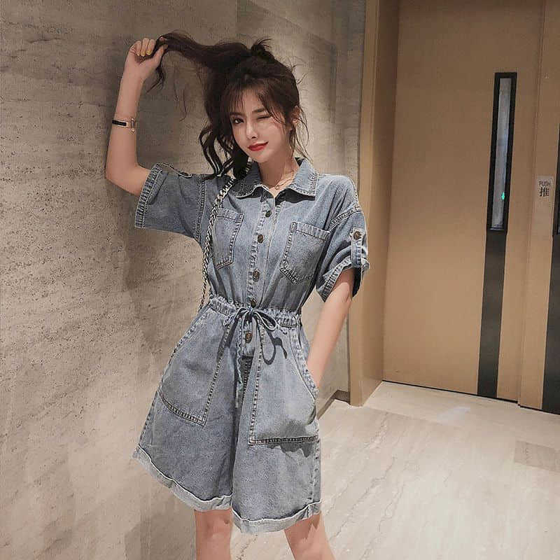 Denim jumpsuit women high street summer waist loose slimming all-match leg overalls Trend clothing 210526
