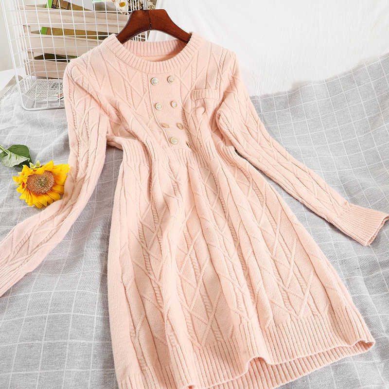DEAT Women Temperament Slim Knitted Dress Long Sleeve Round Collar High Waist ButtonFashion Spring Autumn MZ970 210709