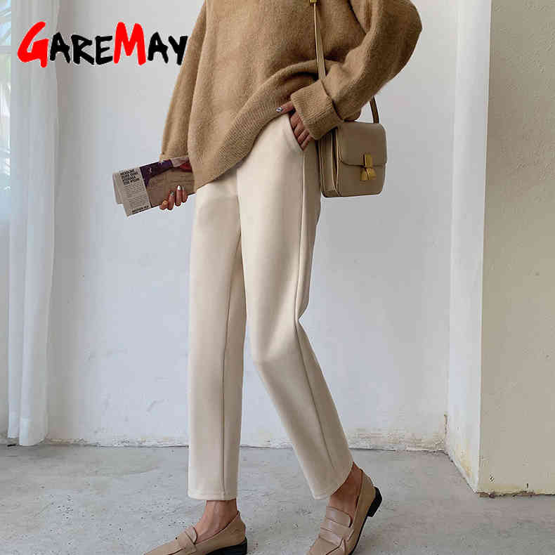 Winter Warm Trousers Suits for Women Work Office Pants High Waist Loose Vintage Female Thick Woolen Harem 210428