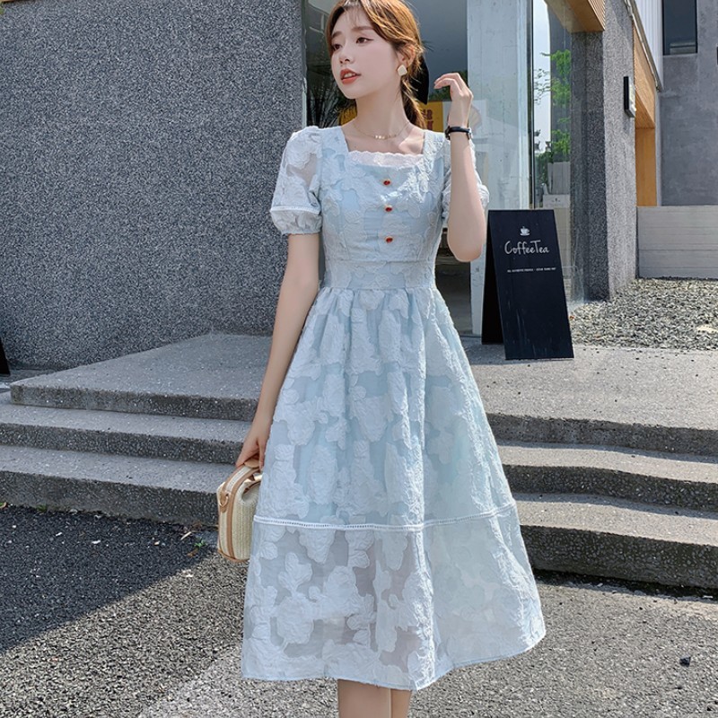 Summer Elegant Square Neck Puff Sleeve Fairy Dress Vintage Female French Slim Waist Casual Party Robe 210519