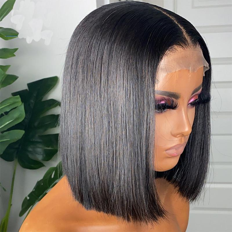 Synthetic Wigs 12Inch Black Short Bob Straight Lace Front For Women With Baby Hair Daily Wear Fiber 180%Density