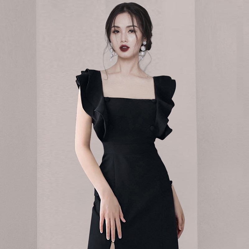 French Women Elegant Ruffles Sleeveless Vintage Square Collar Black Slim Dress Bodycon Sexy Split Party Vestidos 210519