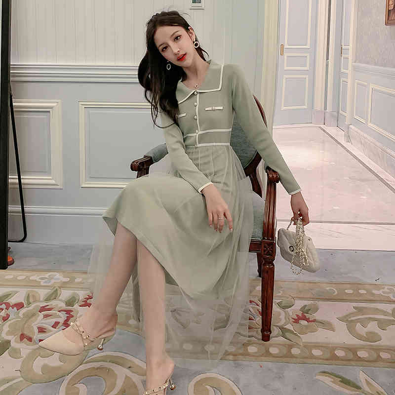 Comelsexy Autumn Women Small Fragrance Color Contrast Lapel Pearl Mesh Stitching Knit Dress Sweet Slim Dress Vestidos 210515
