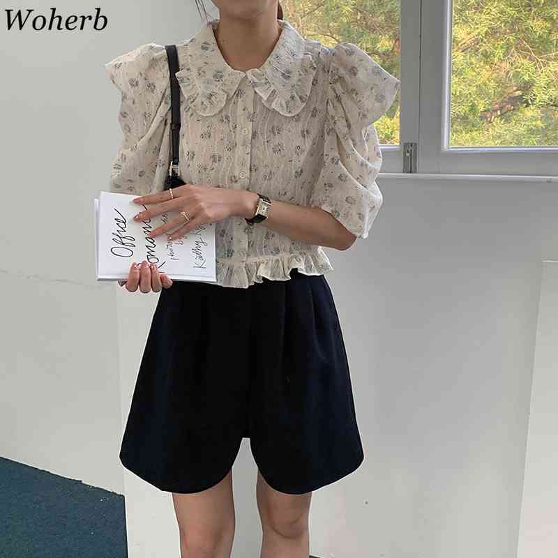 Korean Floral Blouses Women Ruffles Peter Pan Collar Puff Sleeve Shirts Vintage Elegant Blusas Sweet Single Breasted Tops 210519