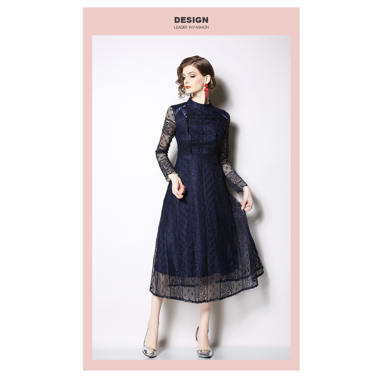 Spring Sexy Elegant Hollow Out Lace Dress Women Stand Collar Casual A-line Dresses Wear To Work Vestidos Black Blue 3xl 210515