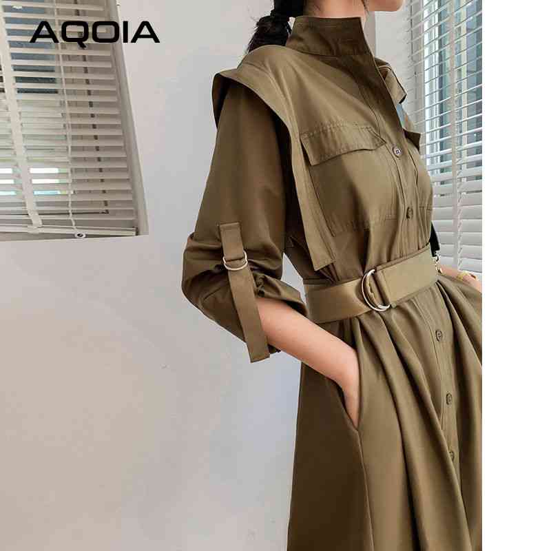 Fashion Spring Safari Style Wrist Sleeve Women Dress Chic Button Up Sashes Turn-Down Collar A-Line Trench 210521