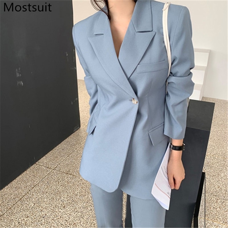 Korean Stylish Office Blazer Pants Suits For Women One-button + Sets Workwear Fashion Ladies Femme 210518, Blue
Korean Stylish Office Blazer Pants Suits For Women One-button + Sets Workwear Fashion Ladies Femme 210518, Blue