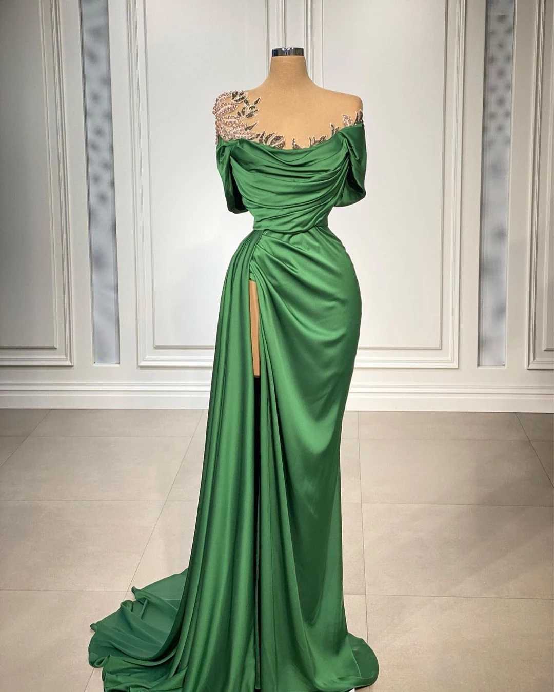 Emerald Green Beaded Evening Dress With High Side Split Satin Sheer O Neck Mermaid Prom Dresses Custom Made Formal Vestidos De Fiesta 322 Es Es Es es
