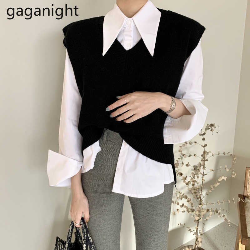 Casual Women Two Pieces Set Long Sleeve Solid Shirt Loose Knitted Vest Office Lady 2 Outfits Spring Suits 210601