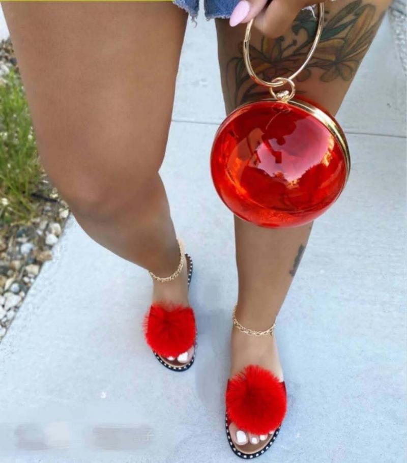 Slippers Luxury Women Faux Fur Flat Heel Open Toe Rubber Sole Outdoor Slides Sexy Fashion Sandals Shoes Ladies 2022