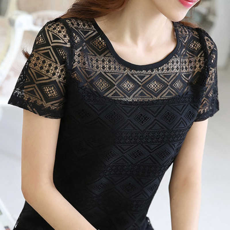 Women Clothing Chiffon Blouse Lace Crochet Female Korean Shirts Ladies Blusas Tops Shirt White Blouses slim fit 210607