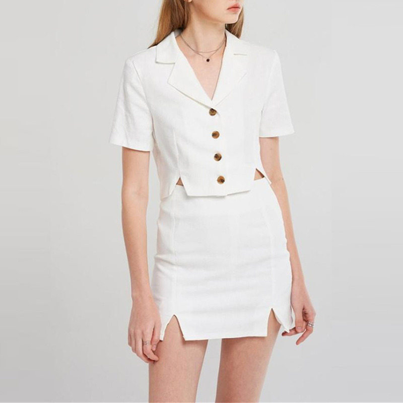Women spring Summer White Crop Top Shirt Skirt suit 2 Pieces Set Linen Cotton Split Girl Skirts 210510