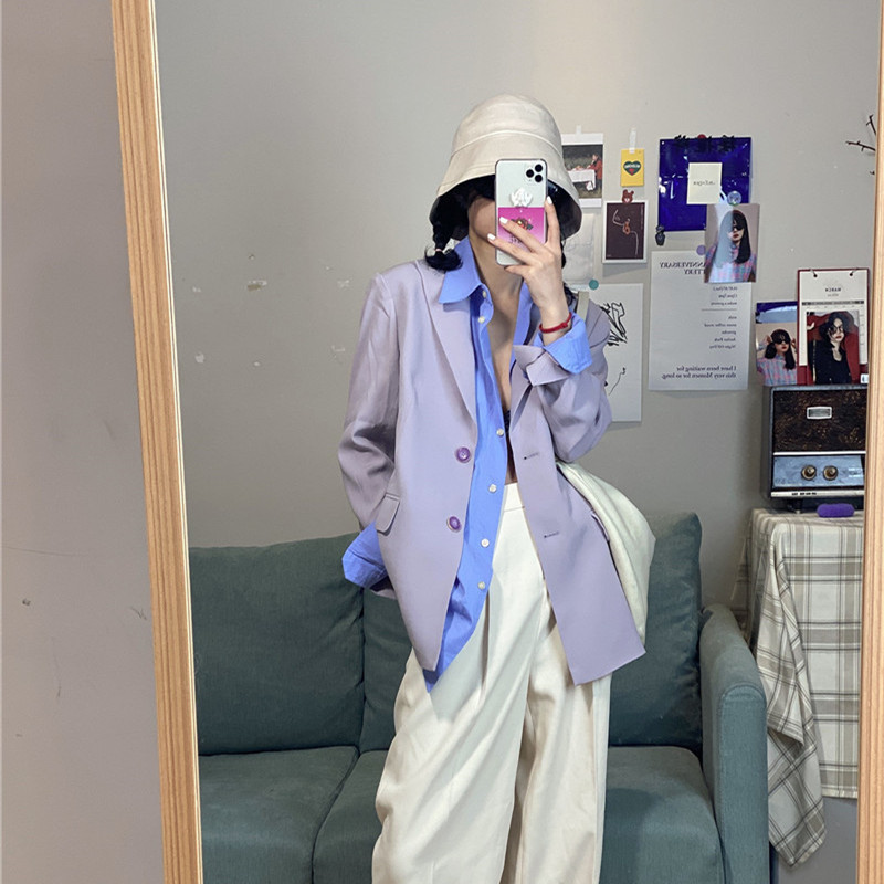 Spring Women Purple Thin OL Elegant Korean Chic Blazer Feminino Sweet Solid Coat Vintage 16213 210415