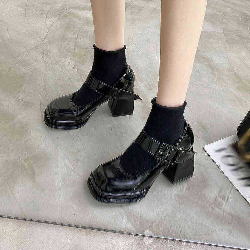 Women's High Heels, Mary Janes with Waterproof Platform, Casual Chunky Heel Pumps in Retro Style (Patent Leather) 220114