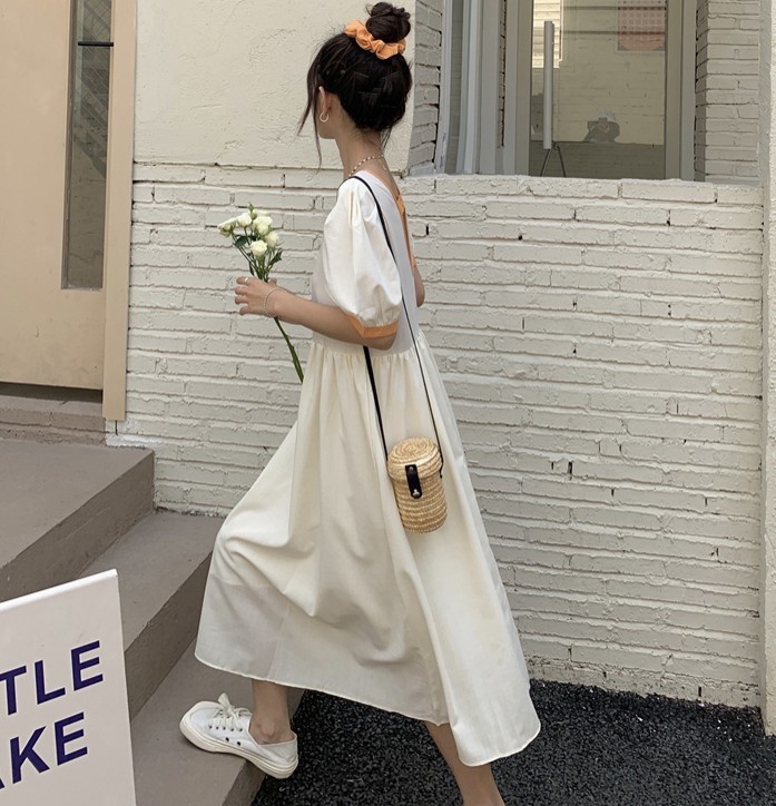 Elegant Women's Boho Dress Summer Contrast Patchwork Square Collar Puff Sleeve Casual Long Party 210519