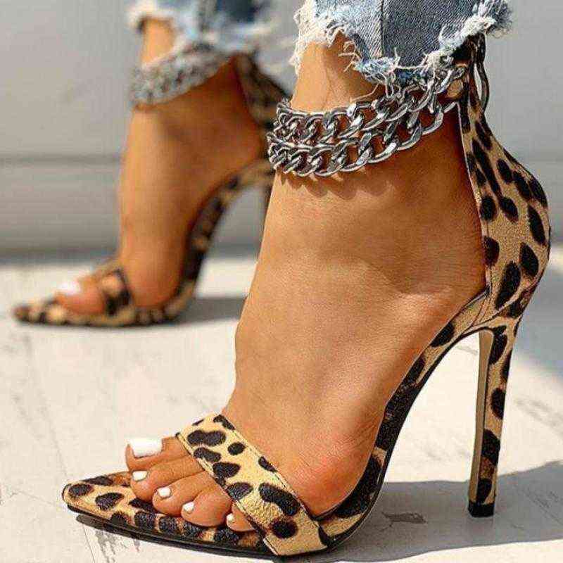 New Women Office Pumps Metal Decoration Chain Open Toe Thin Heels Sandals Leopard Fashion Stylish Shoes Ytmtloy AA220301