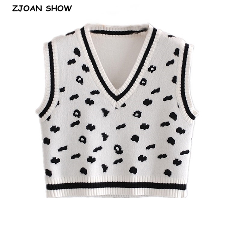 Preppy Style Tuscan Cow Dot Knitted Sweater Vest Women 90's Vintage Korean Clothing Striped V Neck Tank Top Y2K Knitwear 210429
