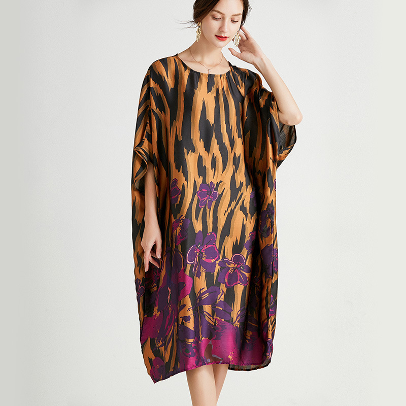 Vintage Silk Dress Summer Loose Printed Batwing Sleeve Plus Size Dresses Women Streetwear Clothing 2D3637 210526