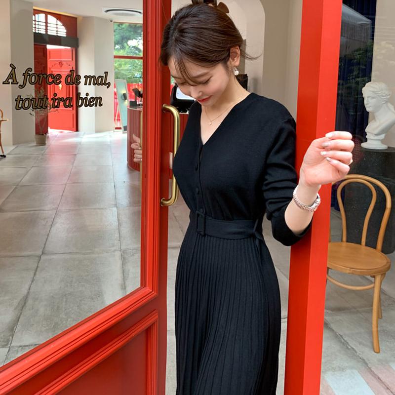 Elegant Dresses Women Solid Long Sleeve V-neck Knitted Sashes Slim Waist Pleated Woman Dress All-match Fashion Vestidos Female Casual