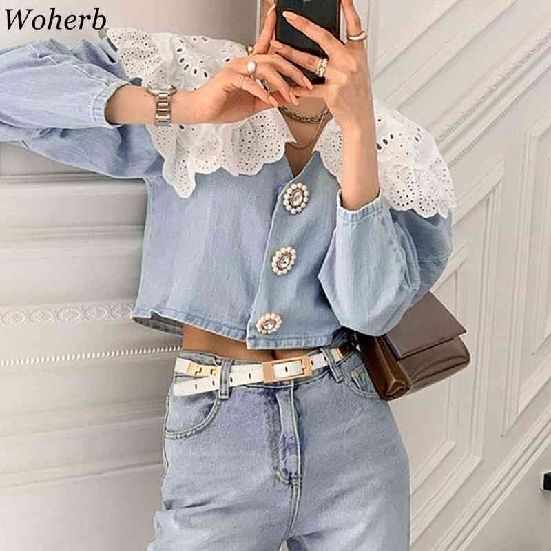 Elegant Tops Women Denim Shirt Lace Doll Collar Korean Style Fashion Blouse Cropped Vintage Blouses Blusas 210519