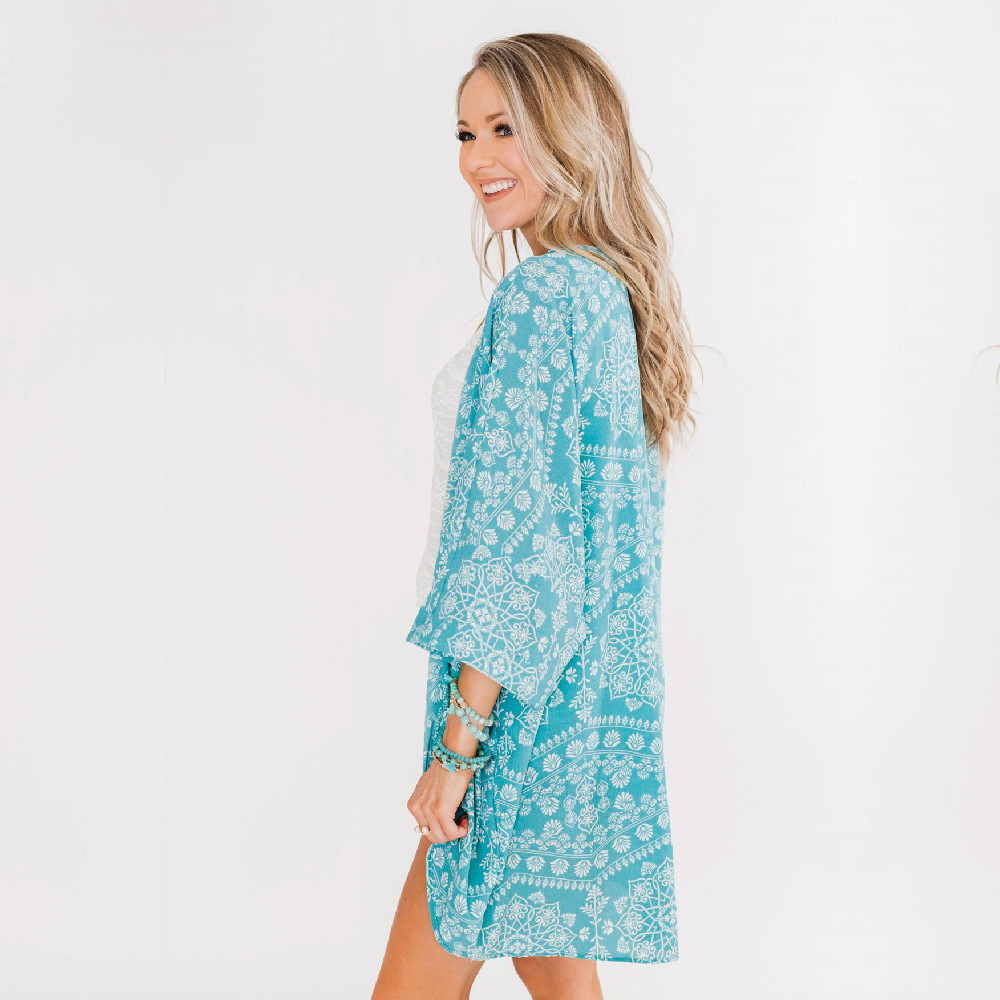 Blue Boho Print Chiffon Bathing Suit Cover-ups Plus Size Beach Wear Short Kimono Dress Women Summer Swimsuit Cover Up A824 210420